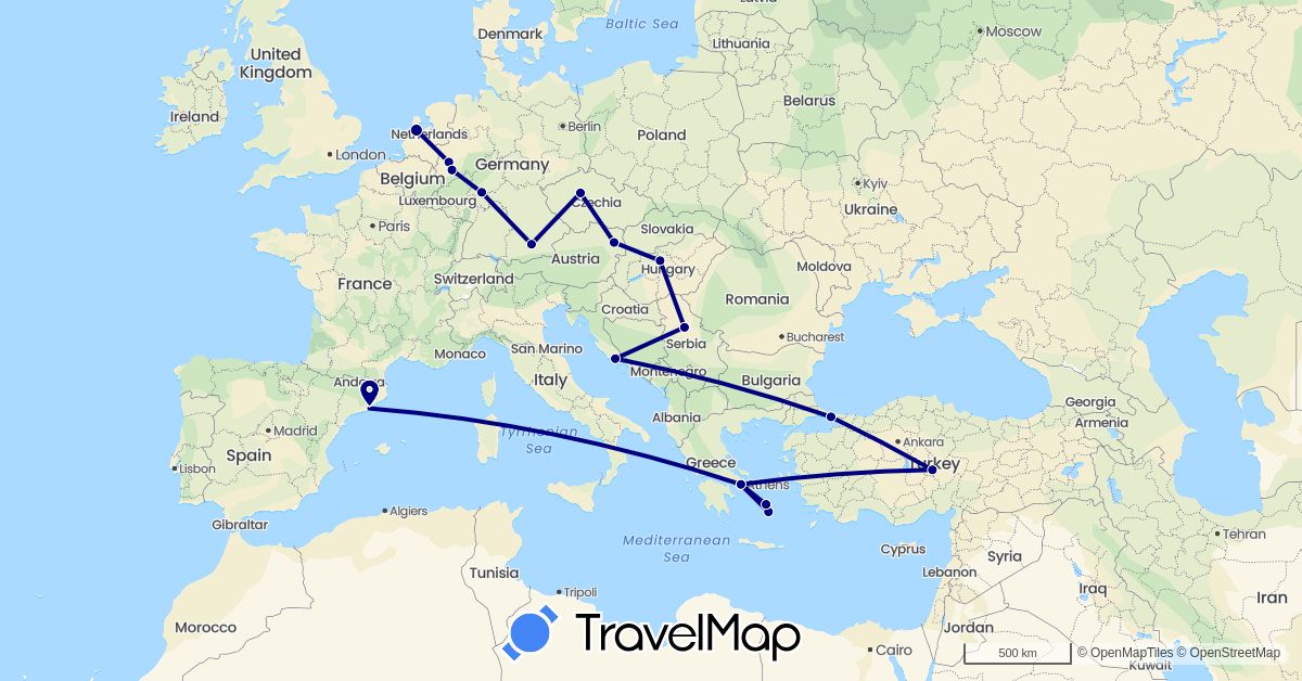 TravelMap itinerary: driving in Austria, Czech Republic, Germany, Spain, Greece, Croatia, Hungary, Netherlands, Serbia, Turkey (Asia, Europe)